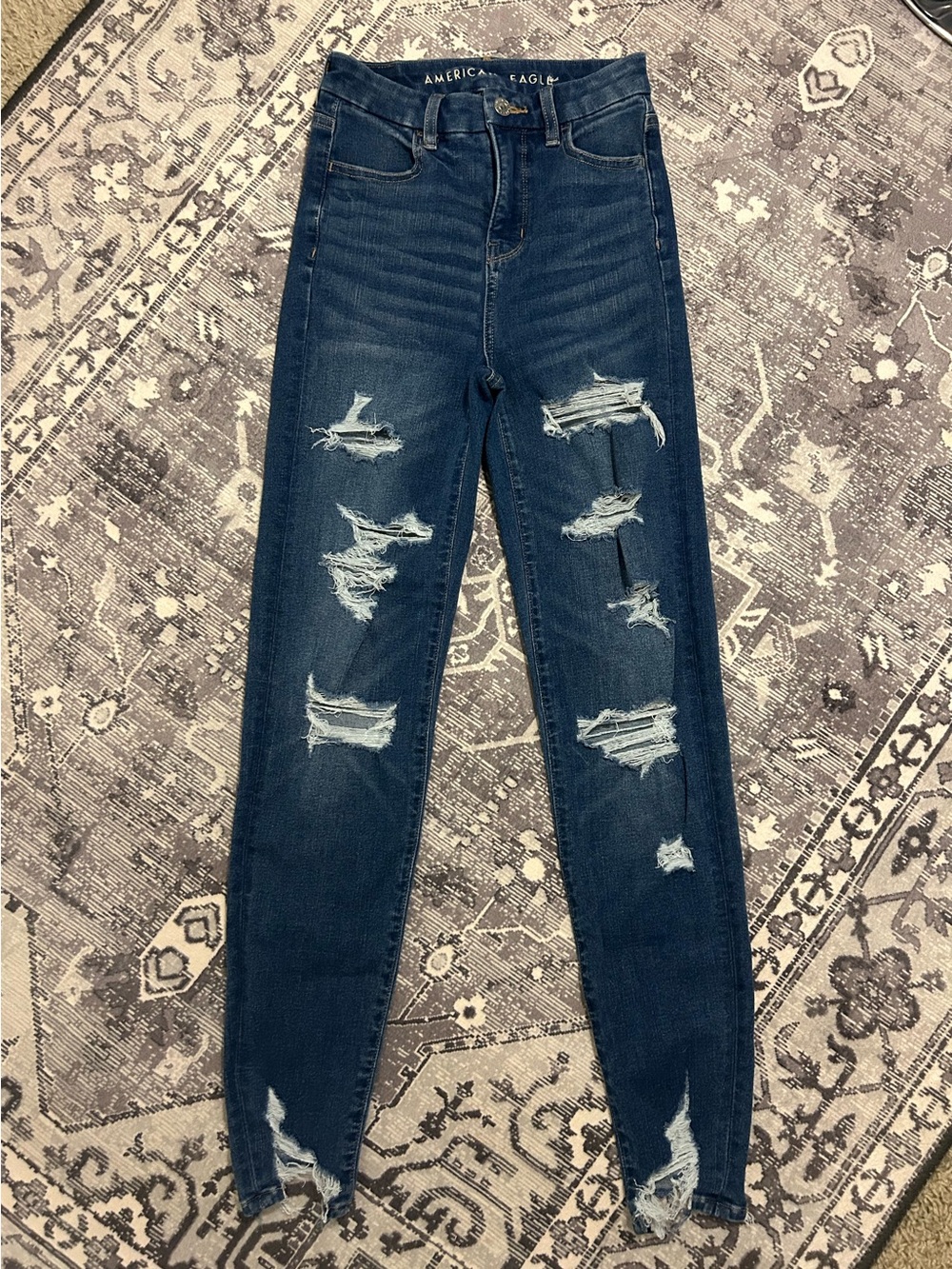American Eagle Outfitters Distressed Dark Blue High-Rise Skinny Jeans